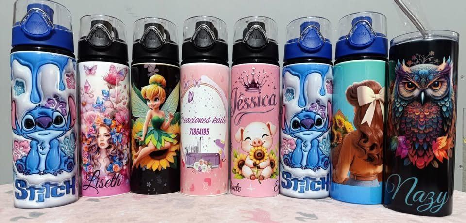 Botellas térmicas personalizadas con nombres y personajes, sublimadas en Tienda de Regalos Monarca