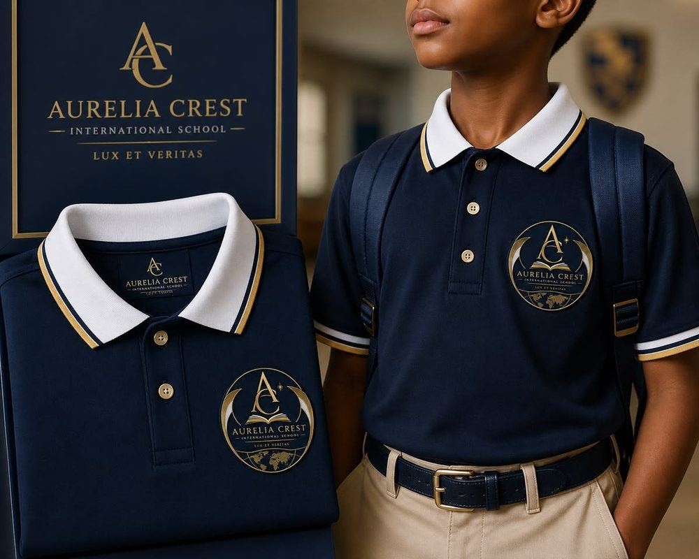 Ejemplo de uniformes escolares tipo polo con el escudo del colegio bordado y sublimado