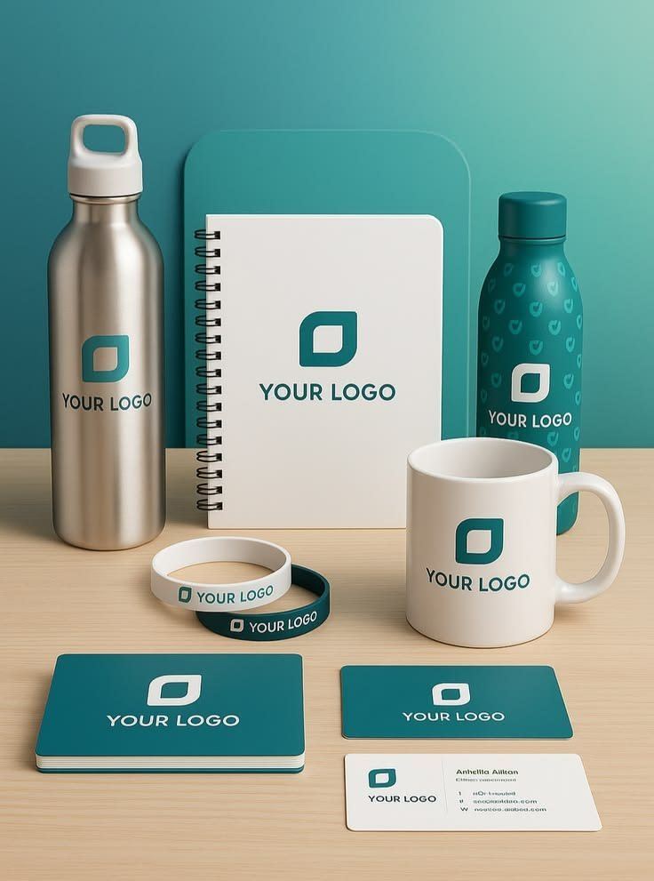 Ejemplo de artículos promocionales: botellas, taza, libreta y pulseras con el logo