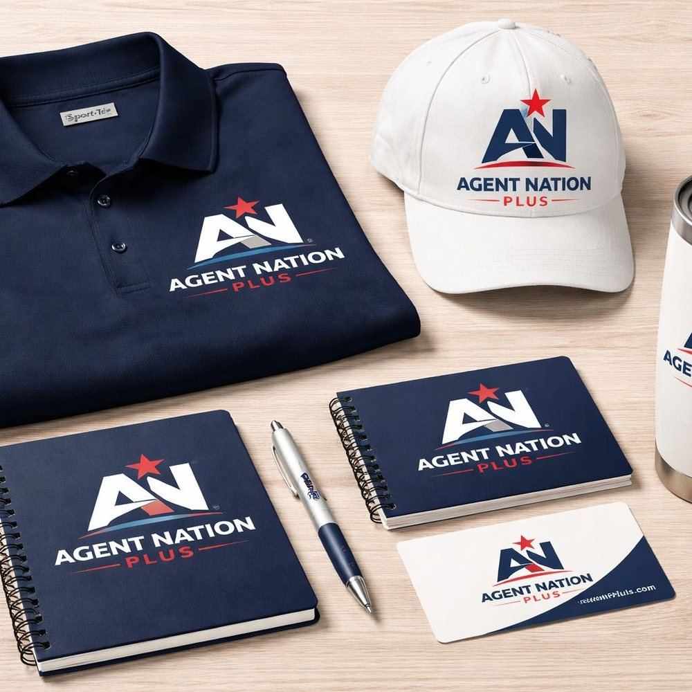 Ejemplo de kit corporativo: polo, gorra, termo, libretas y tarjetas con el logo de la empresa