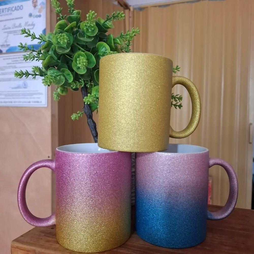 Tazas glitter personalizadas en dorado, rosa y azul